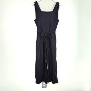 Monteau Black Linen Rayon Blend Tie-Waist V-Cutout Back Cropped Jumpsuit Size L